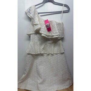 LILLY PULITZER JOSIE Eye Lace Dress $238 WHITE Midi Length Peplum Lined Sz 4 #28